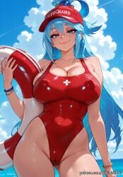 2025 ai_generated anime aqua aqua_(konosuba) ass_visible_through_thighs bangs bare_shoulders blue_eyes blue_hair blue_sky blush bracelet breasts cameltoe cleavage closed_mouth cloud collarbone covered_navel covered_nipples crossover day eye_contact female female_focus female_only flushed hair_between_eyes hair_rings highleg highleg_swimsuit highres holding huge_breasts innertube jewelry kono_subarashii_sekai_ni_shukufuku_wo! konosuba large_breasts long_hair looking_at_viewer neutral_expression nsfw one-piece_swimsuit outdoors patreon patreon_username red_headwear red_one-piece_swimsuit rognezart sky smile smiling solo swimsuit thick_thighs thighs very_long_hair wet