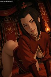 1girl ai_generated all_fours ass avatar_the_last_airbender azula black_hair bottomless breasts brown_eyes candle chinese_clothes cleavage_cutout dress fire hi_res high_quality high_resolution lips long_hair looking_at_viewer patreon patreon_username seductive sexy small_breasts smile solo spicytoonai uncensored watermark