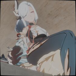 1boy 1boy1girl 1girls aether_(genshin_impact) ass ass_in_face assertive assertive_female b-banto black_nails blonde_hair bodysuit brown_gloves day dominant dominant_female domination facesit facesitting female femdom from_below genshin_impact hair hair_ornament hand_holding handholding highres holding_hands long_hair reverse_rape reverse_ryona self_upload shenhe_(genshin_impact) sitting sitting_on_face sitting_on_person smothered smothering smothering_ass submissive submissive_male suffocation white_hair