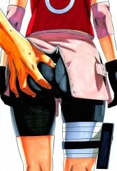 1boy 1girls accurate_art_style accurate_body_type ai-created ai_art ai_generated ass ass_focus ass_grab back_view bandage bandaged_leg bike_shorts black_gloves black_shorts booty close-up clothed clothing elbow_pads elbow_sleeve female from_behind gloves gnomro grabbing grabbing_another's_ass grabbing_ass grabbing_from_behind groping groping_ass hands_on_ass head_out_of_frame high_resolution highres kneepits large_filesize leg_band light-skinned_female light_skin line_art lower_body male male_out_of_frame manga_style masashi_kishimoto_style molestation naruto naruto_(series) naruto_shippuden out_of_frame out_of_frame_male pantylines pink_skirt portrait pouch_(clothing) pussy_bulge red_shirt sakura_haruno shorts simple_background skirt sleeveless squeezing_butt straight sweat thigh_gap thigh_pouch thigh_strap tight_clothes tight_clothing tight_shorts unzipped warm_colors white_background zipper