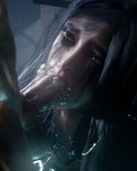 1boy 1girls 2026 3d black_hair blowjob clothed clothed_female clothed_female_nude_male duo fellatio female female_penetrated grey_eyes head_shot indoors kyokwadesu long_hair looking_at_partner makeup_running male mascara_tears oral oral_penetration oral_sex raven_(stellar_blade) ruined_makeup saliva_bubble saliva_string stellar_blade straight straight_sex sweaty sweaty_body