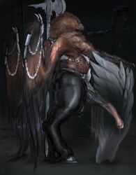 animal_genitalia animal_penis anthro avian balls beak big_penis bodily_fluids brown_body brown_feathers digitigrade dripping equine_genitalia equine_penis european_mythology feathered_wings feathers flared_penis furgonomics furry-specific_piercing genital_fluids genitals greek_mythology hi_res hippogriff hooves huge_cock laobai long_penis male male_anthro medial_ring mythological_avian mythological_creature mythology penis piercing precum precum_drip precum_string sheath side_view solo standing wing_piercing wings
