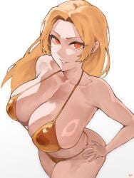1girls above_view absurdres ass bare_shoulders big_ass big_breasts bikini blonde-haired_female blonde_hair bra breasts cleavage collarbone confident cowboy_shot female female_only fierce from_above fukuya_art gold_panties gold_underwear golden_bra gradient_background grin groin halterneck hand_on_hip hand_on_own_hip highres hips hips_wider_than_shoulders huge_ass huge_breasts jujutsu_kaisen long_hair looking_at_viewer looking_up massive_breasts orange_eyes panties parted_bangs parted_lips sideboob smile solo string_bikini thick_thighs thighs underwear v-shaped_eyebrows viewed_from_above yuki_tsukumo