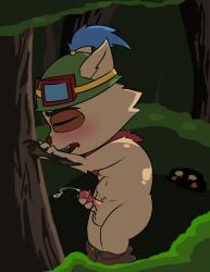 absurd_res ambiguous_fluids anthro balls bent_legs bodily bodily_fluids clothed clothing cum cumshot ejaculation exhibitionism forest friedkortola genital_fluids genitals hi_res humanoid_genitalia league_of_legends male male_only masturbation nature nude open_mouth orgasm_face outside partially_clothed penis plant riot_games solo solo_male teemo_(lol) tencent tree yordle
