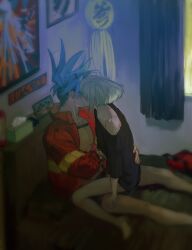 2boys androgynous clothed clothes clothing femboy galo_thymos gay kissing lio_fotia making_out male on_bed on_lap oversized_clothes oversized_shirt promare questionable sitting_on_lap size_difference twink wholesome yaoi