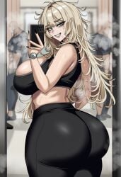ai_generated ass big_ass big_breasts blonde_female blonde_hair blue_eyes breasts gym gym_uniform ksyra ksyraarts long_hair phone phone_camera solo solo_female solo_focus sport sports_bra spots