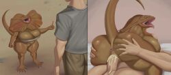 absurd_res agamid anthro anus ass balls big_breasts big_butt biped bodily_fluids bottomwear breasts butt_grab clothed clothing cum cum_in_vagina cum_inside duo female female_penetrated frilled_lizard genital_fluids genitals goldcrustedchicken hand_on_butt hi_res human human_on_anthro interspecies larger_male lizard looking_back male male/female male_penetrating mammal nude open_mouth penetration penile penile_penetration penis raised_tail reptile scalie sex size_difference smaller_female smaller_penetrated tail thick_thighs topwear vaginal_penetration vulva