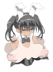 animal_ears areolae black_hair blush breast_grab breasts bunny_ears dark-skinned_male dark_skin female grabbing highres large_areolae large_breasts lips nipples ohako9 playboy_bunny sweat tan tanline twintails