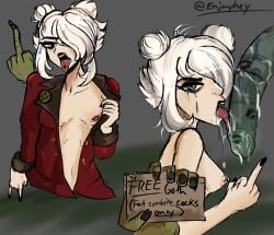 1boy 1girls 2026 after_fellatio big_breasts breasts breasts_out cum cum_drip curly_hair deadlock enjayhey female graves_(deadlock) green_eyes hand_gesture hi_res licking licking_penis lipstick lipstick_on_penis male male/female mascara mascara_tears necromancer pierced_nipples pierced_tongue piercing saliva short_hair sideboob sign tongue tongue_out twintails white_hair zombie