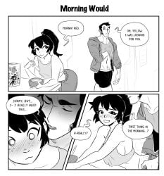 1boy 1girls actiranger_red_(spicymancer) actiranger_yellow_(spicymancer) actirangers bent_over blush bulge cereal comic crop_top crop_top_overhang duo eating freckles hip_grab male_underwear medium_breasts morning morning_wood ponytail seductive sideboob spicymancer straight whispering_into_ear