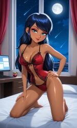 1girls ai_assisted ai_generated bare_arms bare_legs bare_midriff bare_shoulders bare_thighs barefoot bed bedroom black_hair blue_eyes blue_hair cleavage computer dark-skinned_female dark_skin disney disney_channel eyebrows eyelashes eyeliner eyeshadow full_moon hair_down hand_on_hip hand_on_own_hip hand_on_own_thigh hand_on_thigh hi_res ladybug_&_cat_noir:_the_movie ladybug_(character) large_ass large_breasts lingerie lipstick long_eyelashes long_hair loose_hair makeup marinette_cheng marinette_dupain-cheng mascara miraculous:_tales_of_ladybug_and_cat_noir miraculous_ladybug narrow_waist navel night night_sky petite petite_body petite_female realistic red_lingerie seductive seductive_pose seductive_smile sexy sexy_body sexy_female shiny_skin shooting_star star_(sky) starry_sky swept_bangs toes very_long_hair waifufamily waist_length_hair wide_hips window