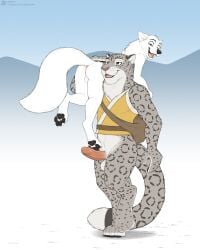 4:5 anthro arctic_fox ass balls bottomless canid canine clothed clothing duo erection feet felid foot_fetish foot_play footjob fox fur genitals hi_res jishinu male male/male mammal markings nude pantherine penis sex snow_leopard spots spotted_body spotted_fur text true_fox url white_body white_fur