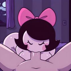 1boy ai_generated bed bedroom big_breasts black_hair blowjob blush_stickers bow_in_hair closed_eyes clouds eyelashes female female_focus friday_night_funkin friday_night_funkin_mod girl_(sock.clip) indoors kneeling legs_spread male male_pov moon moonlight naked night night_sky nude on_bed oral pink_blush pink_bow pink_skin pixai shortstack stars sucking sucking_penis twinsomnia window