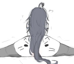 1girls 2026 ass back_view black_and_white black_hair feline female female_only hair hi_res legs legwear long_hair mizu_(yourmizuki) oc open_legs original original_character simple_background solo thick_thighs viewed_from_behind white_background yourmizuki