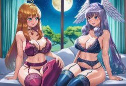 2girls ai_generated bed bed_sheet bedroom blonde_hair blue_eyes blue_lingerie blue_nails choker cleavage curtains curvy female female_only fiora_(xenoblade) garter_belt garter_straps green_eyes hand_on_knee head_wings high_entia lace-trimmed_bra lace-trimmed_panties lace-trimmed_thighhighs large_breasts lingerie lingerie_only long_hair looking_at_another melia_antiqua melia_antiqua_(xenoblade_3) monolith_soft moon moonlight narrow_waist nintendo on_bed pillow pink_lips red_lingerie red_nails shiny_skin silver_hair sitting sitting_on_bed smile starry_sky thick_hips thick_legs trees vermadis2x voluptuous voluptuous_female wide_hips window xenoblade_(series) xenoblade_chronicles_(series) xenoblade_chronicles_3