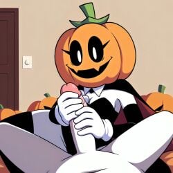 1boy 5_fingers ai_generated bed_sheets big_penis black_cape black_leotard black_thigh_highs cape clothed_female door eyelashes fangs female female_focus halloween halloween_costume halloween_theme handjob indoors leotard long_penis male_pov mask masked_female nude_male on_bed orange_bedding pixai pumpkin_girl pumpkin_mask pumpkins spooky_month thigh_boots white_gloves white_pupils white_skin