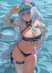 absurdres aqua-tinted_eyewear bikini black_bikini blue_hair breasts commentary cross-laced_bikini cross-laced_clothes english_commentary facial_mark female flower girls'_frontline girls'_frontline_2:_exilium green_eyes hair_flower hair_ornament hand_on_own_hip highres hk416_(girls'_frontline) jacket klukai_(cerulean_breaker)_(girls'_frontline_2) klukai_(girls'_frontline_2) large_breasts long_hair looking_at_viewer navel necklace_between_breasts official_alternate_costume ponytail see-through_clothes see-through_jacket smile solo sunai swimsuit teardrop_facial_mark thigh_gap thigh_strap tinted_eyewear visor_cap