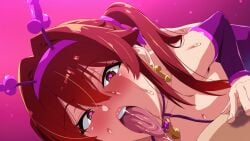 1boy animated arika_(bakunyuu_party) bakunyuu_party blush breasts female game_cg heart heart-shaped_pupils large_breasts looking_at_viewer red_hair symbol-shaped_pupils takeda_hiromitsu tongue tongue_out