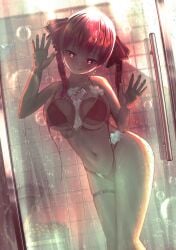 1girls bh bikini bikini_top bubbles female female_focus female_only garter_straps heart-shaped_pupils heterochromia hololive hololive_japan houshou_marine licking licking_lips looking_at_viewer necklace red_hair shower soap soap_bubbles suggestive suggestive_look swimsuit twintails wet wet_body