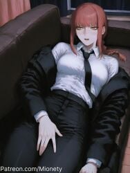 ai_generated artist_name belt black_coat black_jacket black_necktie black_pants black_suit braid braided_ponytail breasts business_suit chainsaw_man coat collared_shirt couch cowboy_shot curtains dress_shirt english_text female formal hand_on_own_thigh high-waist_pants indoors jacket large_breasts lips long_hair long_sleeves looking_at_viewer lying makima_(chainsaw_man) medium_breasts medium_hair meme mionety necktie off_shoulder office_lady on_back on_couch open_clothes open_coat open_jacket open_mouth orange_eyes pants parted_lips patreon_username red_hair ringed_eyes shirt shirt_tucked_in sidelocks single_braid solo suit thighs white_shirt window wing_collar yellow_eyes