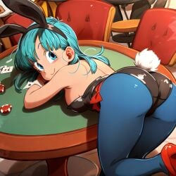 against_table ai_generated ass_focus bangs black_bunny_ears black_bunnysuit black_leotard blue_eyes blue_hair blue_pantyhose bulma_briefs bunnysuit clothed club curvy dragon_ball eyelashes female heels indoors laying_on_table leotard long_hair looking_at_viewer medium_breasts pantyhose pixai playboy_bunny red_heels red_ribbons smile solo