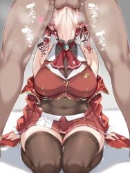 1boy 1girls all_the_way_to_the_base big_breasts blowjob bow breasts cleavage clothing deepthroat face_fucking fellatio female fully_clothed heart hearts_around_head hololive hololive_japan houshou_marine kneeling kneeling_female kneeling_on_ground kneeling_oral_position male neckwear nude_male_clothed_female nuna_(pixiv_user_118779284) oral panties red_hair saliva skirt stockings sword_swallowing_position throat_bulge throat_fuck throat_swabbing trembling twintails