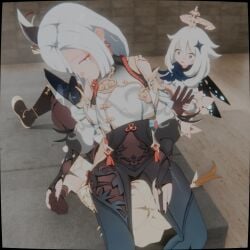 1boy 1boy1girl 1girls aether_(genshin_impact) assertive assertive_female b-banto black_cape blue_scarf bodysuit brown_gloves brown_legwear brown_pants day daytime dominant dominant_female domination face_in_ass facesit facesitting female femdom genshin_impact hair_between_eyes hair_ornament halo hand_holding handholding highres holding_hands long_hair paimon_(genshin_impact) reverse_rape reverse_ryona self_upload shenhe_(genshin_impact) sitting sitting_on_another sitting_on_face sitting_on_person submissive submissive_male white_eyes white_hair worried worried_expression worried_look