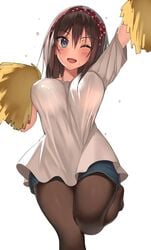 ;d arm_up bangs blue_eyes blush bouncing_breasts breasts brown_eyes brown_legwear denim denim_shorts eyebrows_visible_through_hair female grey_shirt hairband kureha_(ironika) large_breasts leg_up legwear_under_shorts looking_at_viewer medium_hair one_eye_closed open_mouth original pantyhose polka_dot polka_dot_hairband pom_poms red_hairband shirt short_shorts short_sleeves shorts simple_background smile solo standing standing_on_one_leg sweat tsubasa_(kureha)