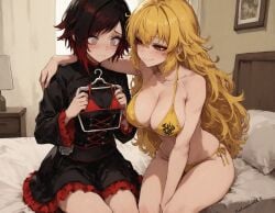 ai_generated bikini embarrassed kotozavrrex purple_eyes ruby_rose rwby silver_hair spiral_eyes tagme yang_xiao_long