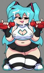 2_penises 2boys 5_fingers :d after_handjob ai_generated black_and_white_stripes black_eyes black_miniskirt black_shoes blush cartoony chubby chubby_female cleavage cleavage_cutout collared_shirt crop_top cum_in_hair cum_on_face cum_on_tip curvy cutout cutout_shirt double_handjob facial female fingerless_gloves friday_night_funkin friday_night_funkin_mod gray_background hairclips hatsune_miku kneeling miniskirt nipple_bulge no_bra no_sclera pixai red_penis simple_background skyblue_(cosplay) striped_thighhighs teal_hair thick_thighs thighhighs twintails vocaloid white_crop_top wide_hips