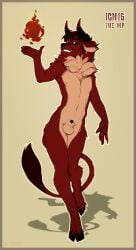5_fingers animal_genitalia anthro balls black_sclera brown_hair claws cloven_hooves countershade_torso countershading demon digital_media_(artwork) english_text felid fingers fluffy_balls fluffy_chest fur genitals hair hooves horn hybrid ignis_the_imp imp iskra looking_at_viewer magic male male_only mammal navel nude nude_anthro nude_male penis red_body red_fur red_tail sheath simple_background smile solo tail teeth text white_eyes
