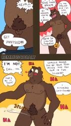 4k 9:16 absurd_res anthro assisted_exposure balls bear belly bodily_fluids comic cum cumshot ejaculation embarrassed english_text exhibitionism genital_fluids genitals group heathermactavish hi_res humiliation male male/male mammal nude pantsing penis_humiliation remmus_cobalt small_penis_humiliation text