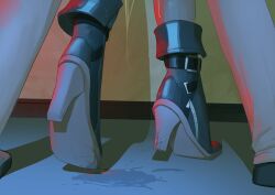 1boy absurdres black_boots boots close-up female high_heels highres hoshimi_miyabi implied_sex implied_sex_from_between_legs out_of_frame rainz shadow stiletto_heels suggestive_fluid tiptoes zenless_zone_zero