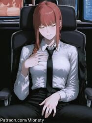 2girls ai_generated artist_name black_necktie black_pants blush braid braided_ponytail breasts business_suit car_interior chainsaw_man chair closed_eyes closed_mouth collared_shirt cup dress_shirt english_text facing_viewer female formal hand_on_own_chest high-waist_pants holding indoors large_breasts long_hair long_sleeves makima_(chainsaw_man) medium_breasts medium_hair meme mionety monitor multiple_girls necktie office_lady pants patreon_username red_hair ringed_eyes shirt shirt_tucked_in sidelocks simple_background single_braid sitting smile solo solo_focus spanish_text spread_legs suit swivel_chair white_shirt