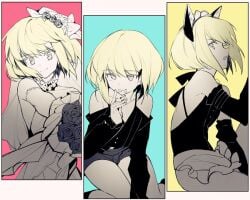 1boy androgynous blonde_hair bob_cut bouquet bride cat_ears catboy crossdressing fake_animal_ears femboy femboy_only lio_fotia maid_apron maid_headdress minishorts monochrome multiple_views partially_colored petite petite_body petite_male promare short_hair slim slim_male slim_waist solo suggestive suggestive_look suggestive_pose tongue_out twink wedding_dress wedding_veil
