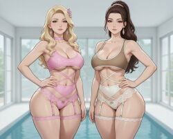 2girls ai_generated bikini blonde_hair brunette_hair choker criss-cross_straps earrings fancy_clothing female flower_in_hair garter_straps grok hair_over_shoulder hair_scrunchie hand_on_hip lace_trim lingerie lingerie_panties long_hair loose_hair medium_breasts one_hand_on_hip ponytail poolside rgomez007 thick_thighs underboob wide_hips window