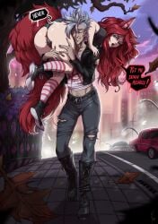 1boy 1girls ass blue_eyes carrying carrying_over_shoulder carrying_partner cat_ears cat_tail catgirl detailed_background dialogue english_text female furry_tail grey_hair long_hair male mohawk_(hairstyle) one_eye_closed pubic_hair_peek punk punk_boy red_hair red_pubic_hair shaved_side sidewalk smile speech_bubble tail thick_ass thick_thighs turtlechan very_high_resolution