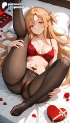 1girls 2026 ai_assisted ai_generated anime artist_name asuna_(sao) bed_sheet blush box bra braid breasts bust chocolate explicit falling_petals flower gift gift_box heart-shaped_chocolate hi_res high_quality high_resolution highres laying_down long_hair looking_at_viewer lying lying_on_back navel on_back on_bed patreon patreon_username petals pillow red_bra red_flower red_rose rose rose_petals skypassion solo stable_diffusion sword_art_online sword_art_online:_alicization underwear valentine valentine's_day valentines_day watermark yuuki_asuna
