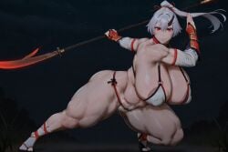 1girls ai_generated areola_slip armpit_hair ass bikini blush breasts dynamic_pose fate/grand_order fate_(series) female female_armpit_hair fighting_stance hairy_armpits hips holding_weapon horns horse huge_ass huge_breasts huge_nipples kote kunaboto_(style) long_hair long_ponytail low_light musclegut naginata night oni oni_horns polearm ponytail pubic_hair red_eyes tabi thick_thighs thighs tomoe_gozen_(fate) venus_body voluptuous weapon white_bikini white_hair white_socks wide_hips