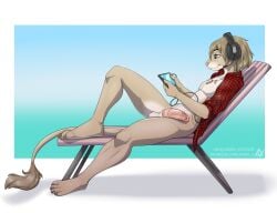 aki_de-volfs.ar animal_genitalia animal_penis anthro barbed_penis barbs beach blue_eyes boy brown_fur brown_hair chilling earphones erected erected_penis erection feline feline_penis fluffy_balls fursona leo_drago_(vendetto) lion male male_focus male_only mammal naked nude nude_beach nude_boy nude_male nudism nudist nudity penis semi_clothed shirt smiling testicles