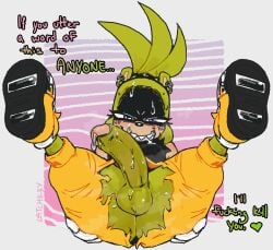 2026 afrosoricid anthro anus ass balls big_balls big_penis black_body bodily_fluids bottomwear clothed clothing death_threat dialogue drooling ear_piercing ear_ring embarrassed english_text footwear foreskin futanari genitals glare green_body green_hair gynomorph hair hand_on_butt hand_on_own_butt heart_after_text hi_res idw_publishing intersex latchk3y legs_up looking_at_viewer mammal multicolored_body no_underwear pants penis piercing profanity purple_eyes ring_piercing saliva sega sharp_teeth shoes simple_background smile smiling_at_viewer solo sonic_(series) sonic_the_hedgehog_(comics) sonic_the_hedgehog_(idw) sonic_the_hedgehog_(series) spread_legs spreading surge_the_tenrec sweat talking_to_viewer tan_body teeth tenrec text torn_bottomwear torn_clothing torn_pants wardrobe_malfunction