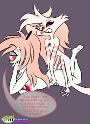 1boy 1girls 2d 2d_(artwork) accurate_art_style ambiguous_penetration angel_dust angel_dust_(hazbin_hotel) breasts breasts_out cherri_bomb cherri_bomb_(hazbin_hotel) enjoying feeling_pleasured feet from_behind grabbing_hips hazbin_hotel lactating lactation laying_down legs_crossed nude on_top piano1738 pleasure_face simple_background text thick_ass wet_penis