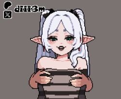 breasts diii3m elf elf_ears elf_female frieren frieren_beyond_journey's_end green_eyes medium_breasts pixel pixel_animation pixel_art pixelated solo tagme touching_breast twintails white_hair