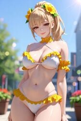ai_generated arm_accessory arm_scrunchie bangs belly_button bikini_skirt blonde_hair blurred_background blurry choker_bikini female flower_in_hair flower_pot frills frilly_clothing frilly_panties grok hair_between_eyes halter_bikini hourglass_figure leaning medium_breasts midday midriff outdoor_background outdoors ponytail rgomez007 seductive_look skindentation solo_female standing street sunlight sunlight_rays sunny sunrays thick_thighs underboob wide_hips