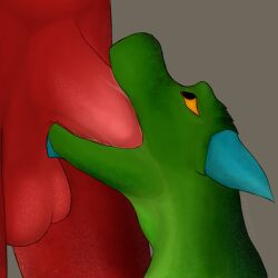 1:1 absurd_res anthro anthro_on_anthro balls bodily_fluids deep_throat digital_media_(artwork) dragon duo faceless_character faceless_male genitals green_body hi_res horn humanoid_genitalia male male/male male_on_anthro male_penetrating mythological_creature mythological_scalie mythology nude oral oral_penetration orange_eyes penetration penis red_body saliva scalie varinating