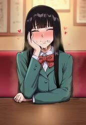 after_fellatio ai_generated black_hair blazer blunt_bangs blush bow bowtie closed_eyes collared_shirt cuckold cum cum_in_mouth facial facing_viewer female gokkun green_jacket hand_on_own_face heart indoors jacket kuronuma_sawako long_hair long_sleeves mole mole_under_eye netorare red_bow red_bowtie school_uniform shirt sitting smile solo stray_pubic_hair upper_body white_shirt zeulzin
