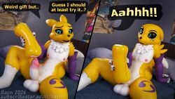 2026 3d_(artwork) absurd_res anthro bacn balls bandai_namco bed bedroom blender_(artwork) blender_cycles_(artwork) bodily_fluids brother_(lore) brother_and_sister_(lore) canid canine claws comic cum detailed_background dialogue digimon digimon_(species) digital_media_(artwork) dripping english_description english_text erection fingers fox furniture genital_fluids genitals hi_res implied_incest incest_(lore) male mammal nipples nude on_bed open_mouth penetrable_sex_toy penetration penile penis portal_fleshlight precum precum_drip renamon renamon_(bacn) sex sex_toy sibling_(lore) sister_(lore) smile solo speech_bubble tail teeth text thinking_with_portals white_body yellow_body