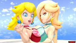 2girls 3d 3d_(artwork) beach big_breasts blonde_hair blue_eyes bra breasts breasts_pressed_together breasts_squeezed_together breasts_to_breasts collar duo earrings female female_only hair_over_one_eye half-closed_eyes kabalmystic_(style) light-skinned_female light_skin lips lipstick long_hair looking_at_viewer mario_(series) nail_polish nintendo open_mouth pink_lipstick pink_nail_polish pink_nails platinum_blonde_hair ponytail princess_peach princess_rosalina relliksb smile star_earrings tied_hair upper_body