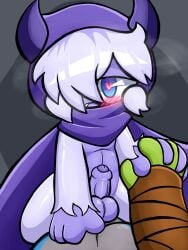 3:4 4_fingers absurd_res bloons_tower_defense blue_body blue_eyes blue_fur blush clothing dusk_dome fingers foreskin fur genitals grey_body hand_holding haplorhine hi_res hood looking_at_viewer male male/male mammal monkey ninja_kiwi obyn_greenfoot penis primate purple_body scarf silas_(bloons) steamy_breath straddling white_body white_fur