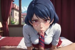 1boy 1boy1girl 1girls :>= ai_generated bed bedroom black_hair blowjob blue_hair blush breasts clothed_female_nude_male cum cum_in_mouth curtains domestic_na_kanojo erection facial fellatio female garter_straps hi_res indoors looking_at_viewer male_pubic_hair medium_breasts necktie nude on_bed oral patreon_username penis pleated_skirt pov progenarts pubic_hair red_eyes red_necktie red_skirt school_uniform shirt short_hair skirt solo_focus straight striped_necktie tachibana_rui thighhighs uncensored veiny_penis white_shirt window